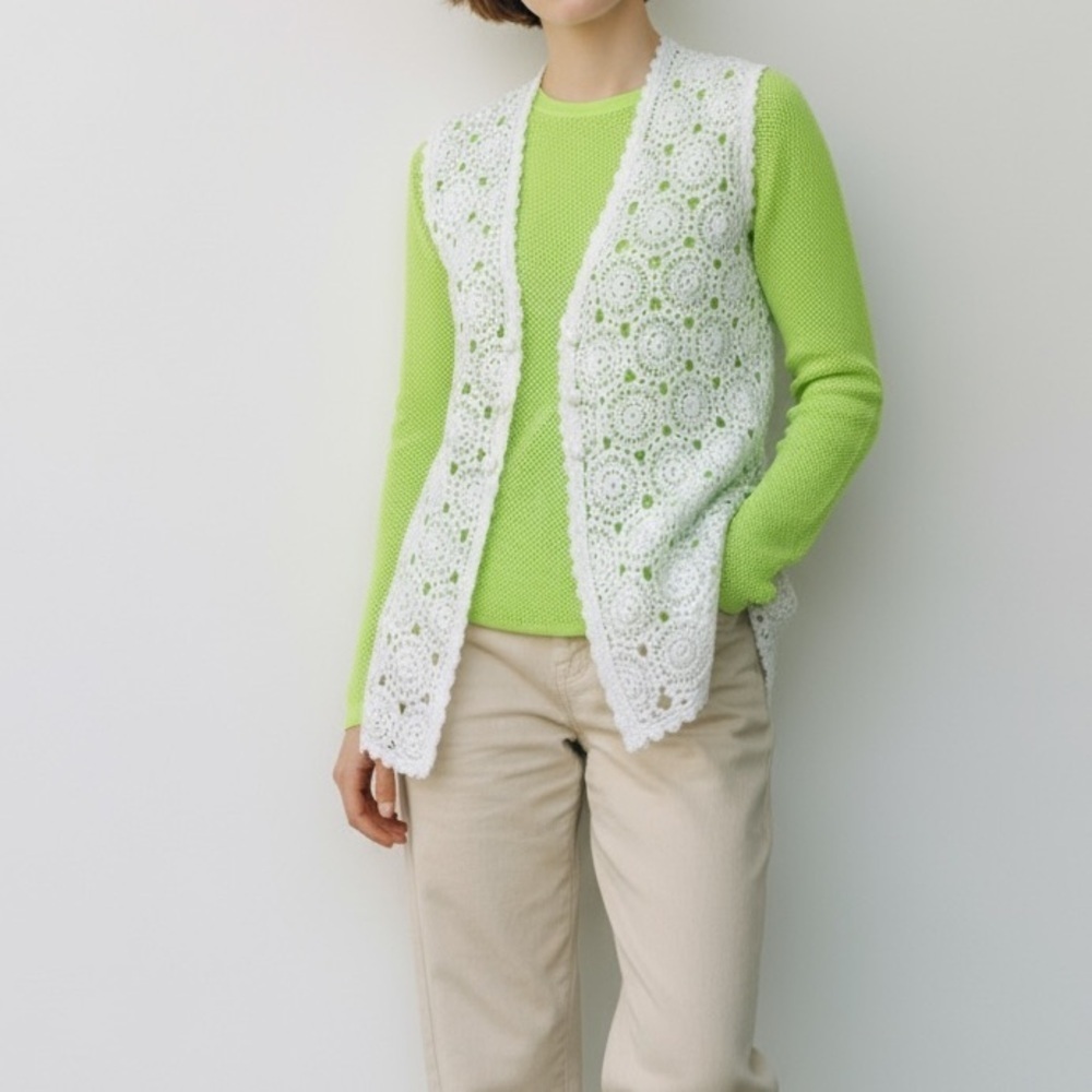 Y2K 90s Hand Crochet Vest Cream Wool XS